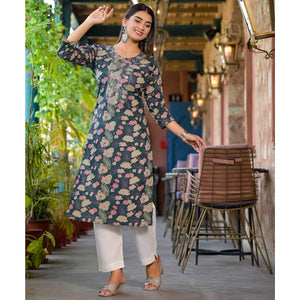 green-floral-printed-pure-cotton-straight-kurti