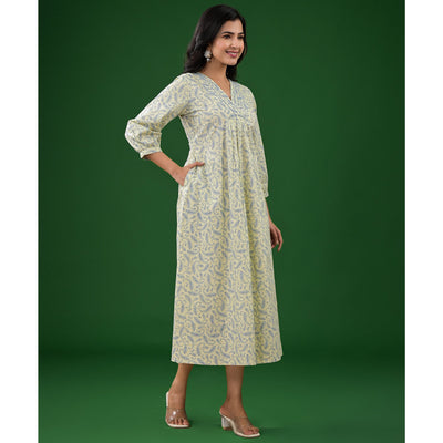 Light Lime Green Paisley Printed Pure Cotton A-Line Dress