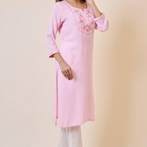 Light Pink Yoke Embroidered Rayon Straight Kurti