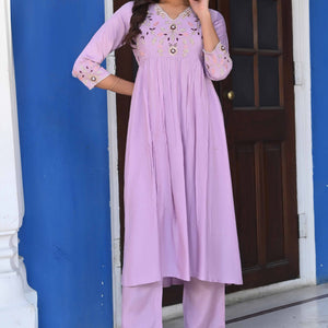 Lavender Floral Embroidered Muslin Anarkali Salwar Suit