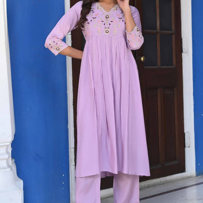 Lavender Floral Embroidered Muslin Anarkali Salwar Suit