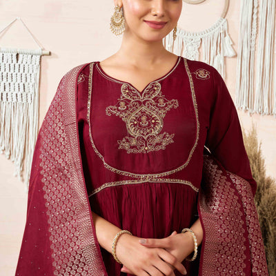Maroon Sequins Embroidered Cotton Silk Anarkali Salwar Suit