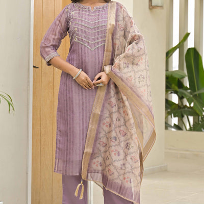 Lavender Embroidered Handwork Crush Chanderi Salwar Suit