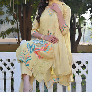 Lime Yellow Sequins Work With Printed Muslin Salwar Suit