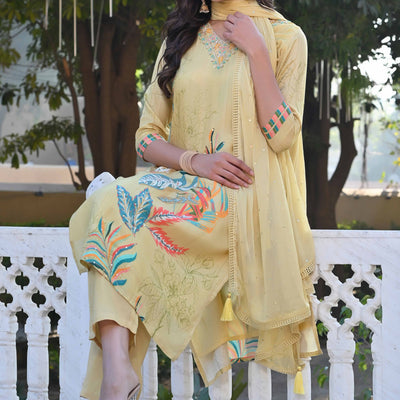 Lime Yellow Sequins Work With Printed Muslin Salwar Suit