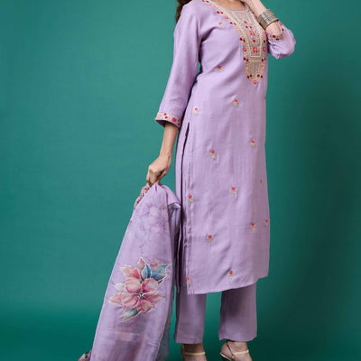 Lavender Handwork Embroidered Viscose Straight Salwar Suit