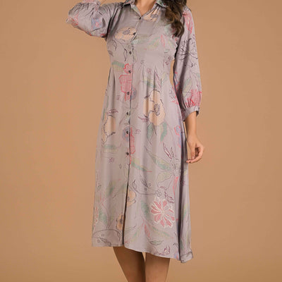 Light Purple Floral Printed Muslin A-Line Dress