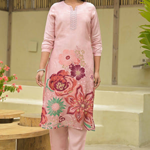 Blush Peach Floral Printed Muslin Straight Salwar Suit With Handwork