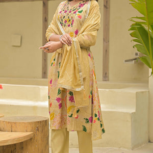Chikoo Floral Printed Muslin Anarkali Style Salwar Suit With Hand Work