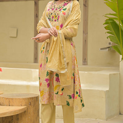 Chikoo Floral Printed Muslin Anarkali Style Salwar Suit With Hand Work