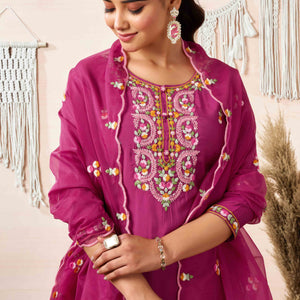 Burgundy Floral Embroidered Chanderi Silk Straight Salwar Suit