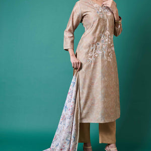 Light Olive Floral Embroidered Chanderi Silk Straight Salwar Suit