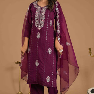 Imperial Purple Floral Embroidered Sequins Work Cotton Silk Straight Salwar Suit