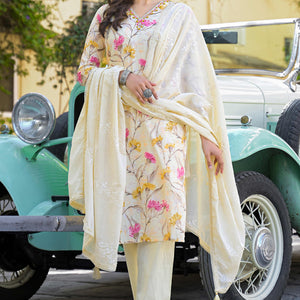 Light Yellow Floral Printed Thread Work Pure Cotton Straight Salwar Suit