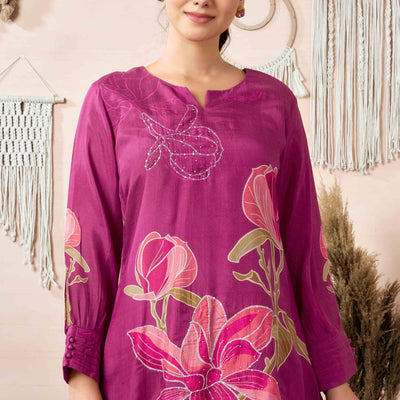 Mulberry Wine Beads Work Digital Printed Muslin Co-Ord Set