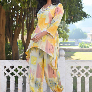 Cream & Yellow Printed With Embroidered Pure Chinon A-Line Co-Ord Set