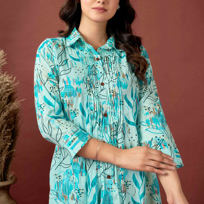 Light Blue Floral Printed Pure Cotton A-Line Kurti