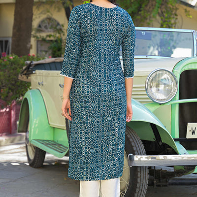 Bottle Green Bandhani Printed Thread Work Rayon Straight Kurti