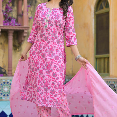 Blush Pink Floral Printed Pure Cotton Straight Salwar Suit