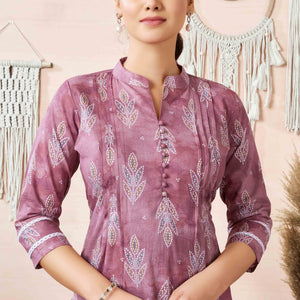 Mauve Floral Foil Printed Cambric Cotton Kurti Palazzo Set