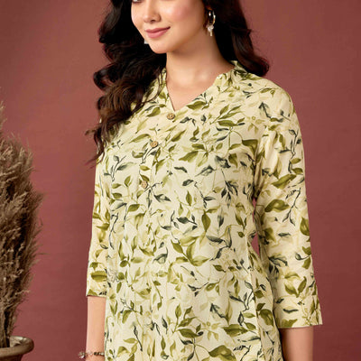 Cream & Olive Floral Printed Rayon Top