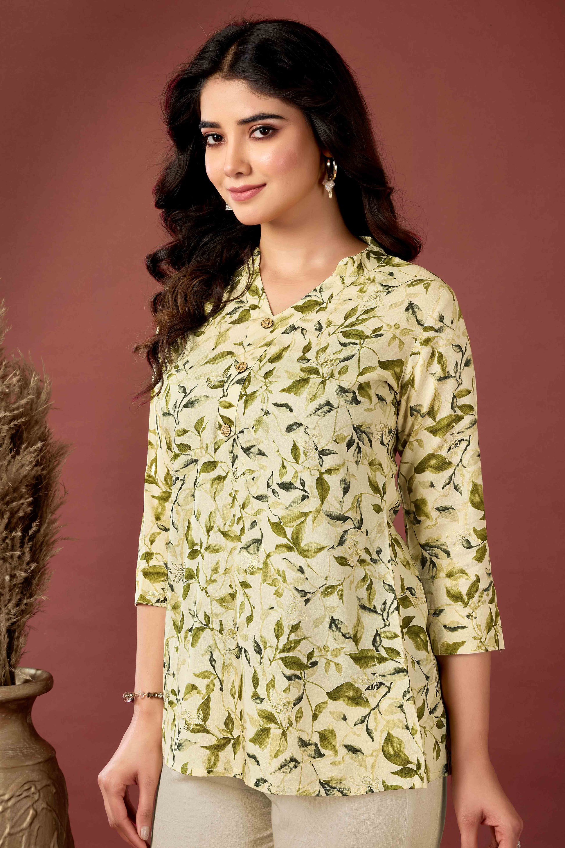 Cream & Olive Floral Printed Rayon Top
