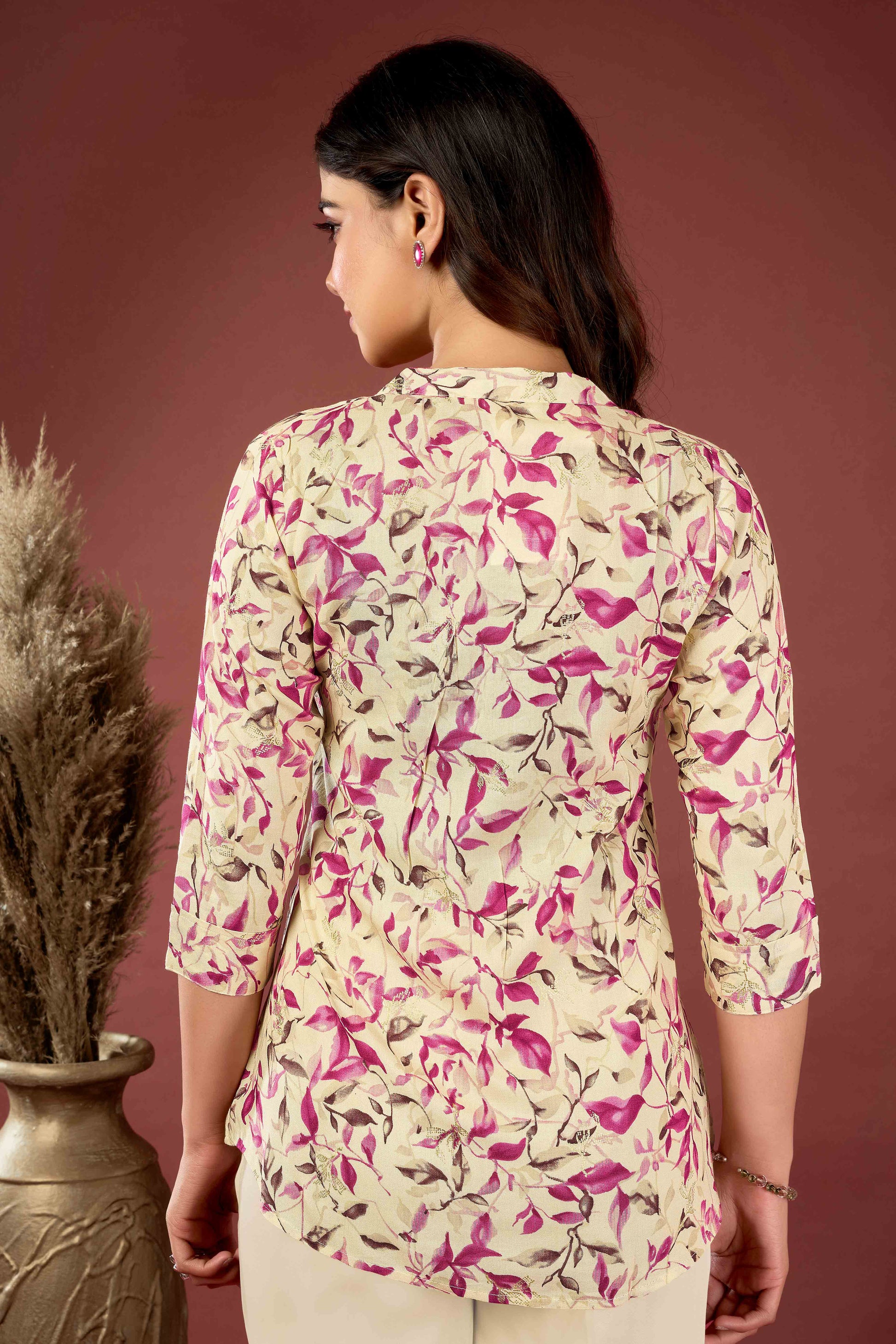 Cream & Wine Floral Printed Rayon Top