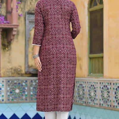 Maroon Bandhani With Embroidered Rayon Straight Kurti