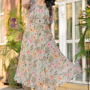 Light Olive Digital Floral Printed Chiffon Maxi Dress