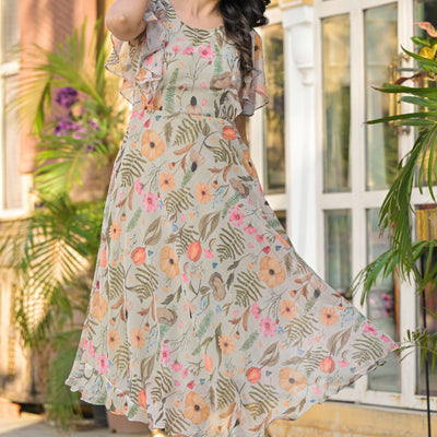 Light Olive Digital Floral Printed Chiffon Maxi Dress