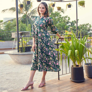 Dark Bottle Green Floral Printed Pure Cotton Dress