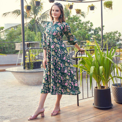 Dark Bottle Green Floral Printed Pure Cotton Dress