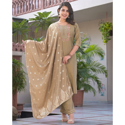 Chikoo Embroidered Chinon Salwar Suit With Handwork