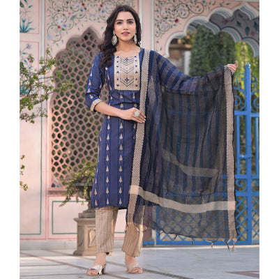 Blue Woven Pure Cotton Straight Salwar Suit
