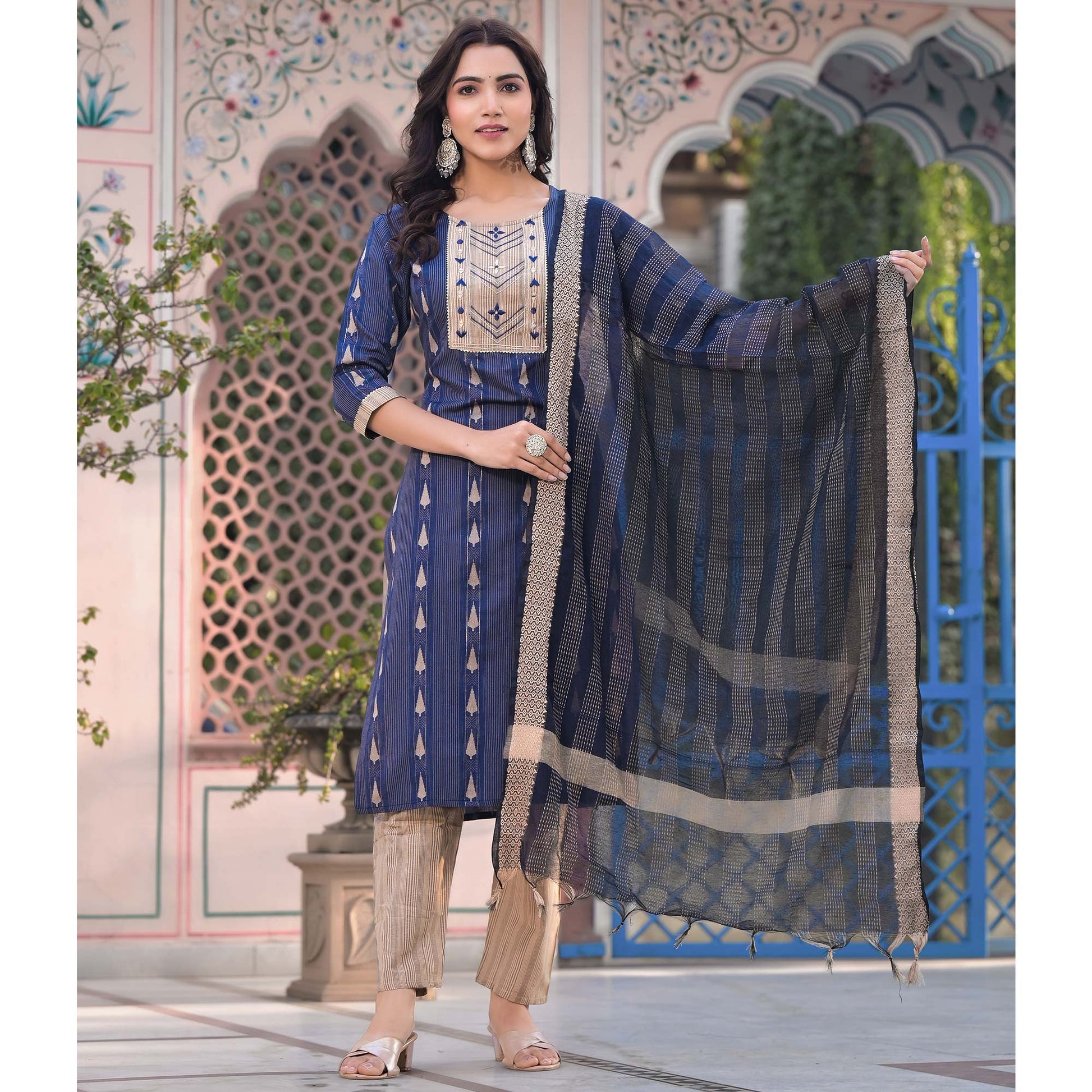 Blue Woven Pure Cotton Straight Salwar Suit