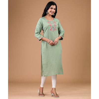 Mint Green Yoke Embroidered Viscose Straight Kurti
