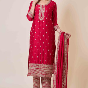 Dark Pink Embroidered Vichitra Silk Salwar Suit