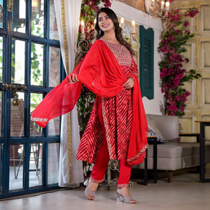 Maroon Leheriya Printed Naira Cut Rayon Salwar Suit