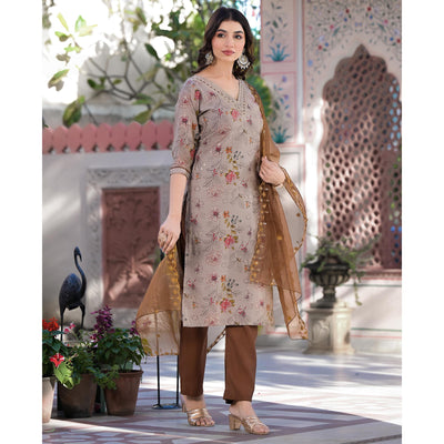 Chikoo Floral Foil Printed Chanderi Silk Straight Salwar Suit