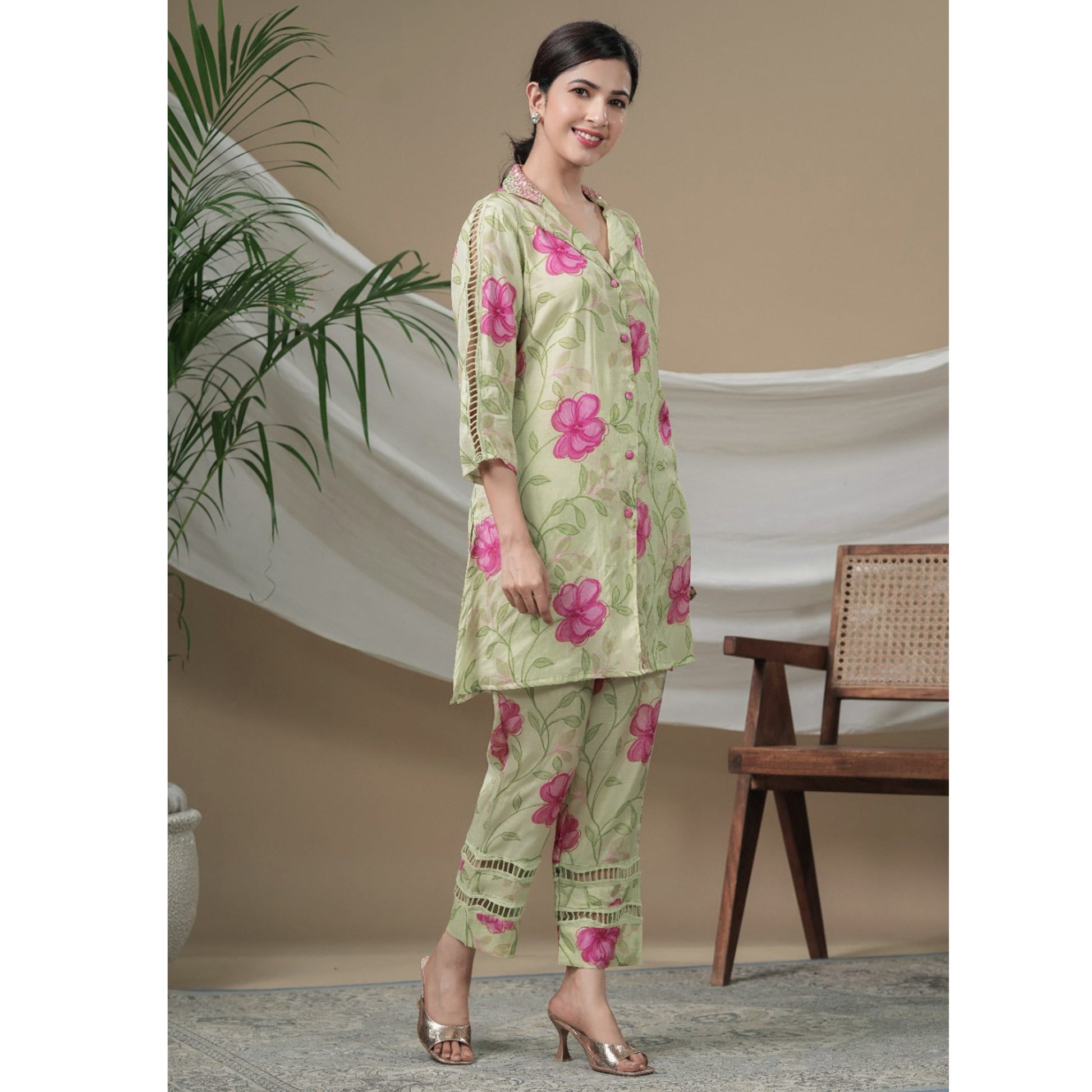 green-floral-printed-muslin-co-ord-set