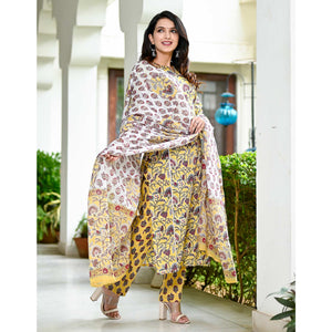 Light Yellow Floral Printed Pure Cotton Salwar Suit