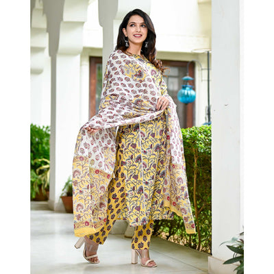 Light Yellow Floral Printed Pure Cotton Salwar Suit