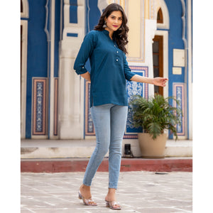 Blue Solid Cotton Silk Straight Top