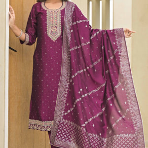 Dark Purple Golden Embroidered Vichitra Silk Salwar Suit