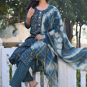 Morpich Blue Floral Foil Printed Rayon Salwar Suit