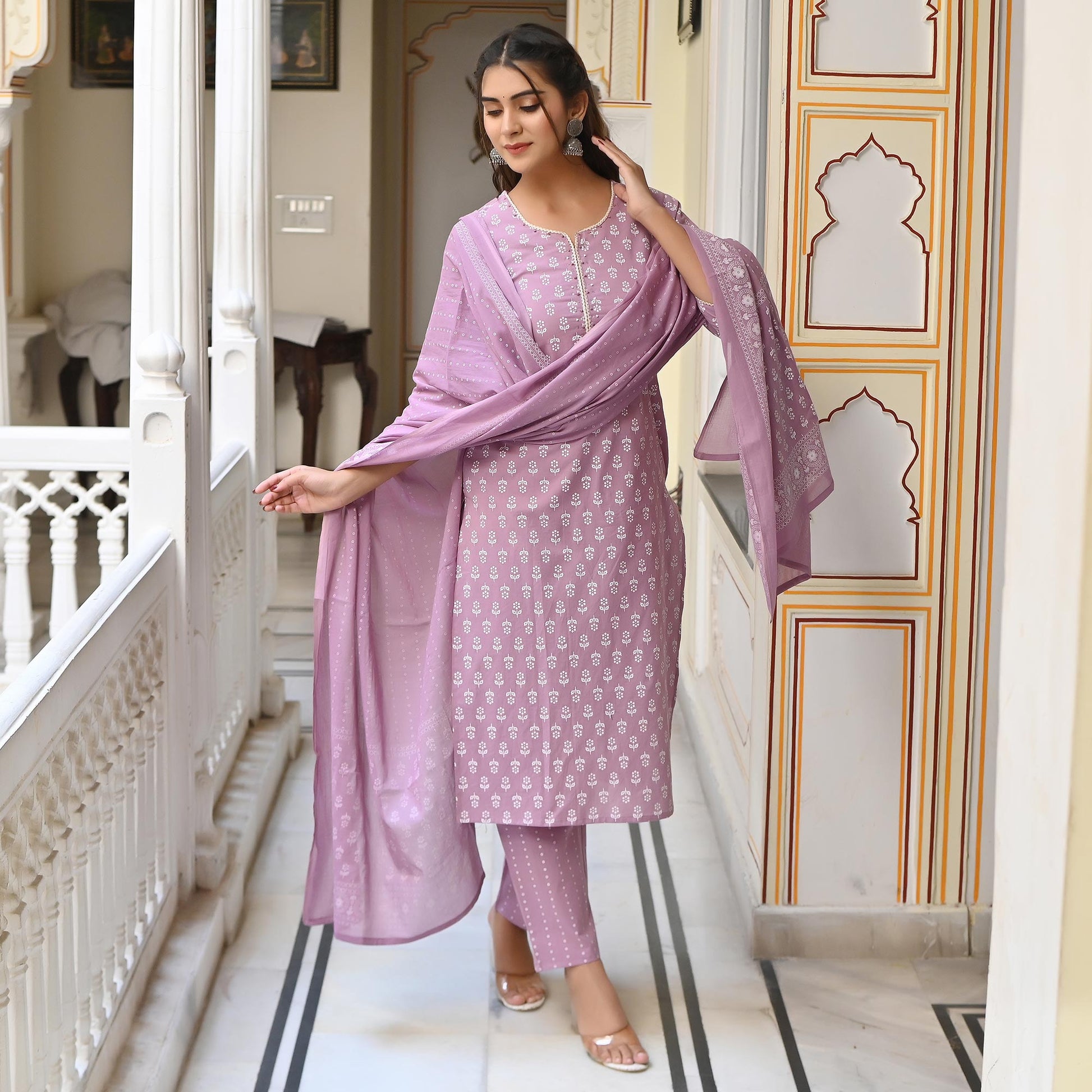 Lavender Jaipuri Printed Pure Cotton Salwar Suit