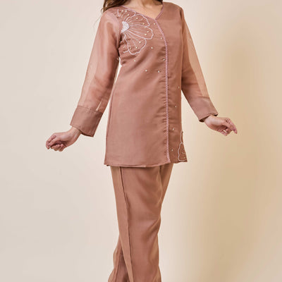 Brown Floral Embroidery Organza Co-Ord Set