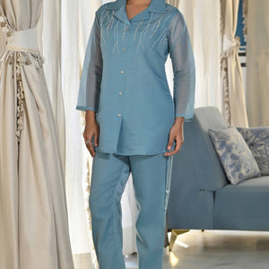 Light Blue Beads Work Embroidered Organza Co-Ord Set