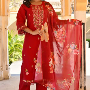 Maroon Floral Embroidered Chanderi Silk Salwar Suit
