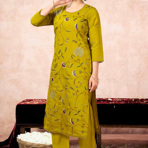 Lime Yellow Floral Embroidered Muslin Straight Salwar Suit